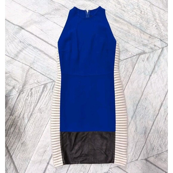 Carmen Marc Valvo Couture Size 6 Blue Colorblock Bodycon Dress Silk Wool Leather - Picture 2 of 9